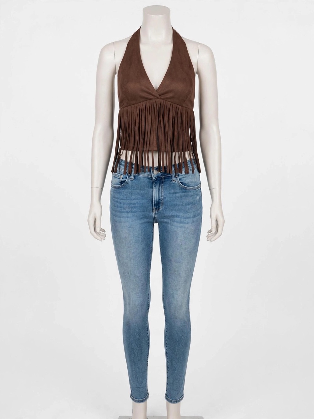 LIZ & SARA brown faux suede fringe halter, Size Large, new with tags